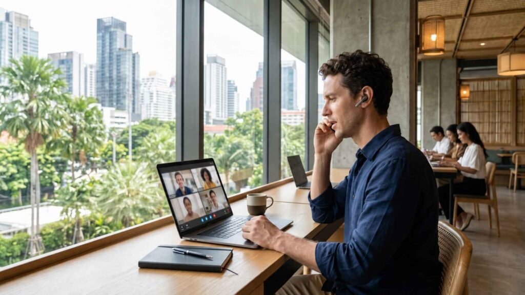 Thailand DTV remote worker joining an international video meeting from a modern Bangkok coworking space