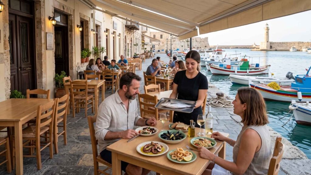 Fresh catch presented to diners at Zefyros Fish Taverna beside Rethymno’s Old Venetian Harbor