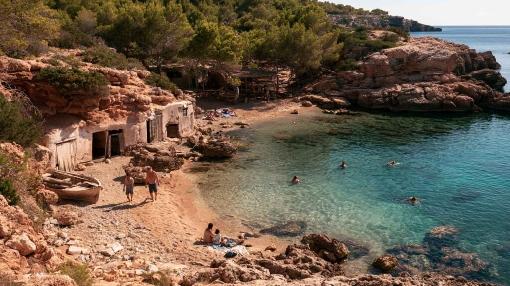 S’Illot des Renclí in northern Ibiza with clear turquoise water, a compact golden beach, pine trees and traditional boat huts