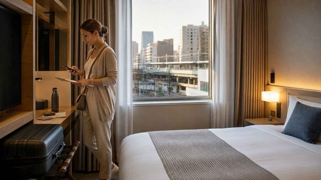 International traveler settling into a Tokyo hotel after arriving in Japan