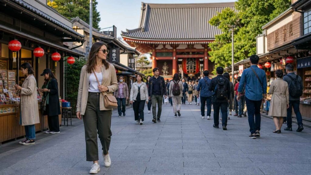 Traveler walking through Asakusa toward Senso-ji Temple during a 10-day Japan itinerary