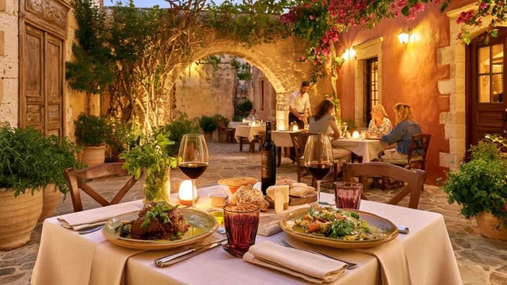 Best Restaurants in Crete featuring an Avli-inspired romantic courtyard dinner with refined Cretan cuisine in Rethymno Old Town