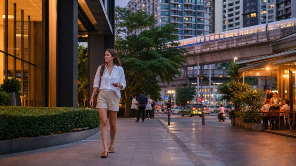 Digital nomad walking through a modern Bangkok neighborhood with a BTS train and condominium buildings in the background