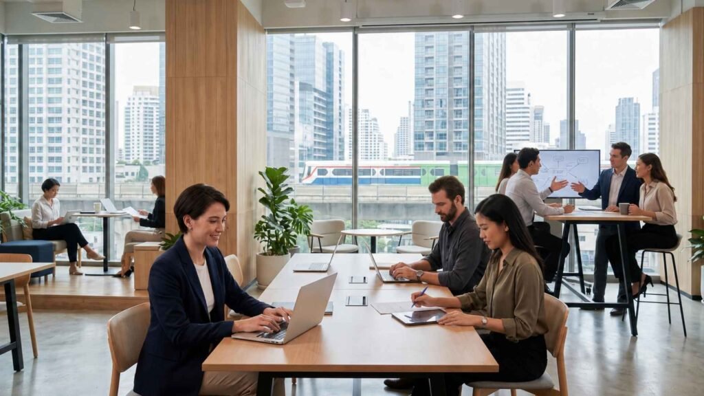Bangkok digital nomads working and networking in a modern coworking space overlooking the BTS Skytrain