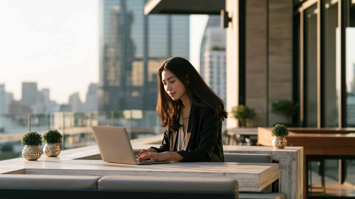 Best places in Thailand for digital nomads featuring a remote professional working from a modern rooftop terrace