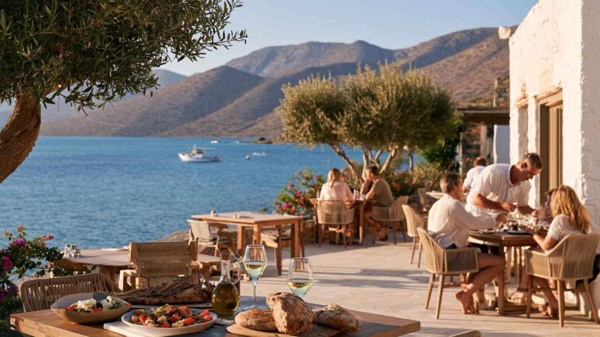 Best restaurants in Agios Nikolaos and Elounda with Cretan food served on a waterfront terrace overlooking Elounda Bay.