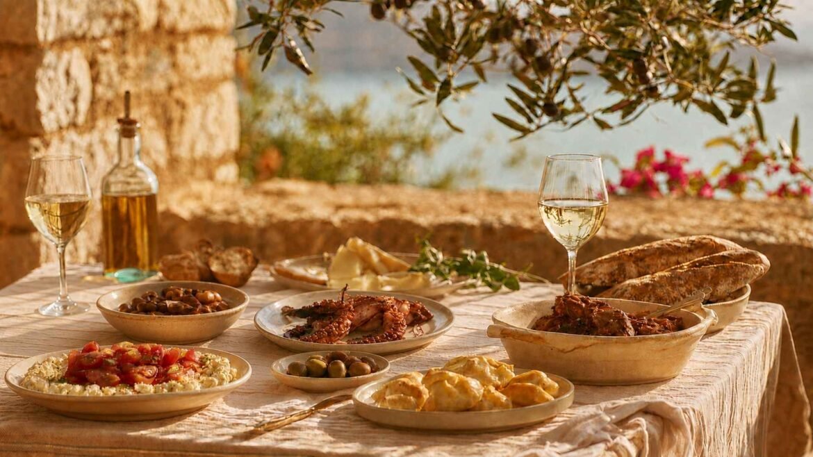 Best Restaurants in Crete represented by grilled octopus, local cheese, olives, bread and wine on a Mediterranean terrace