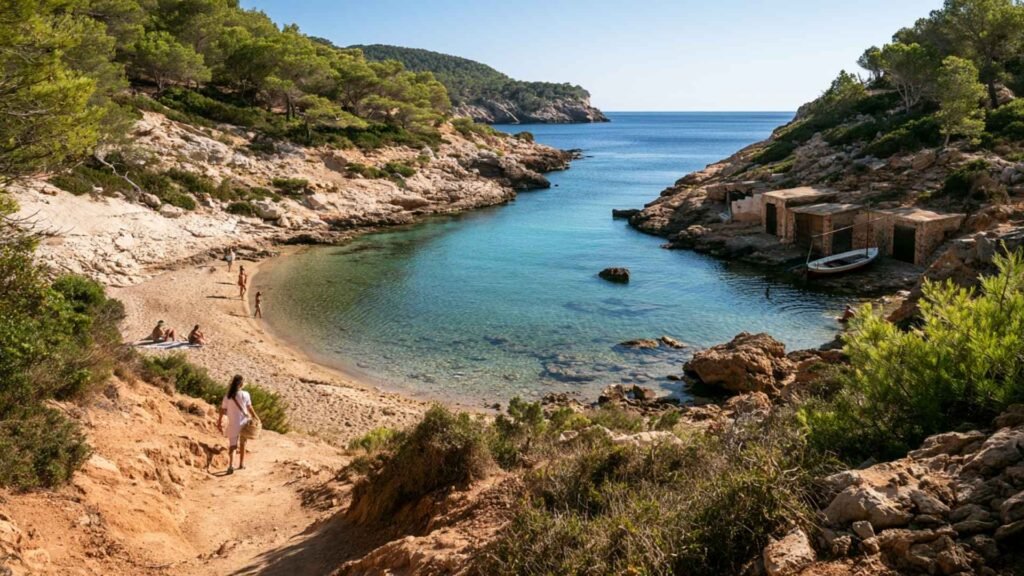 Cala d’en Serra in northern Ibiza with clear turquoise water, a small pebble beach, pine-covered cliffs and fishermen’s huts