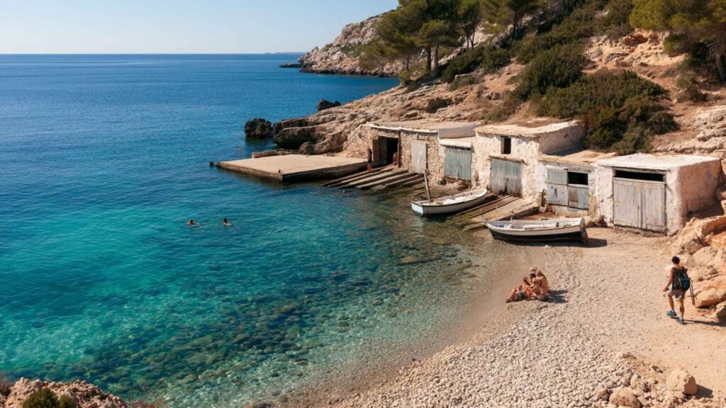 Cala Llentrisca in southern Ibiza with clear blue water, a pebbly shoreline, traditional fishing huts and a simple pier