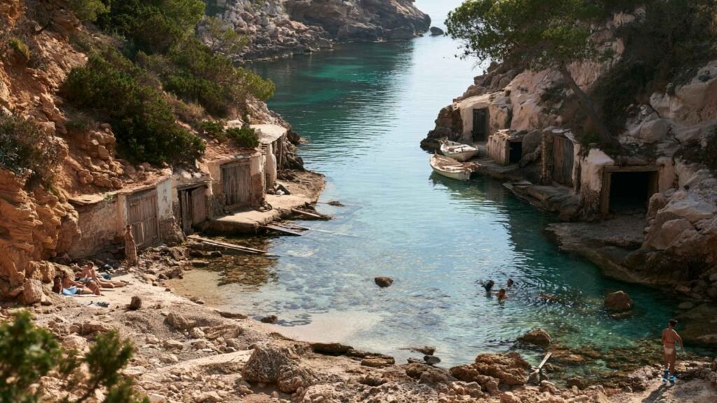 Cala Mastella in northeast Ibiza with clear turquoise water, a tiny rocky beach, pine-covered slopes and traditional fishing huts