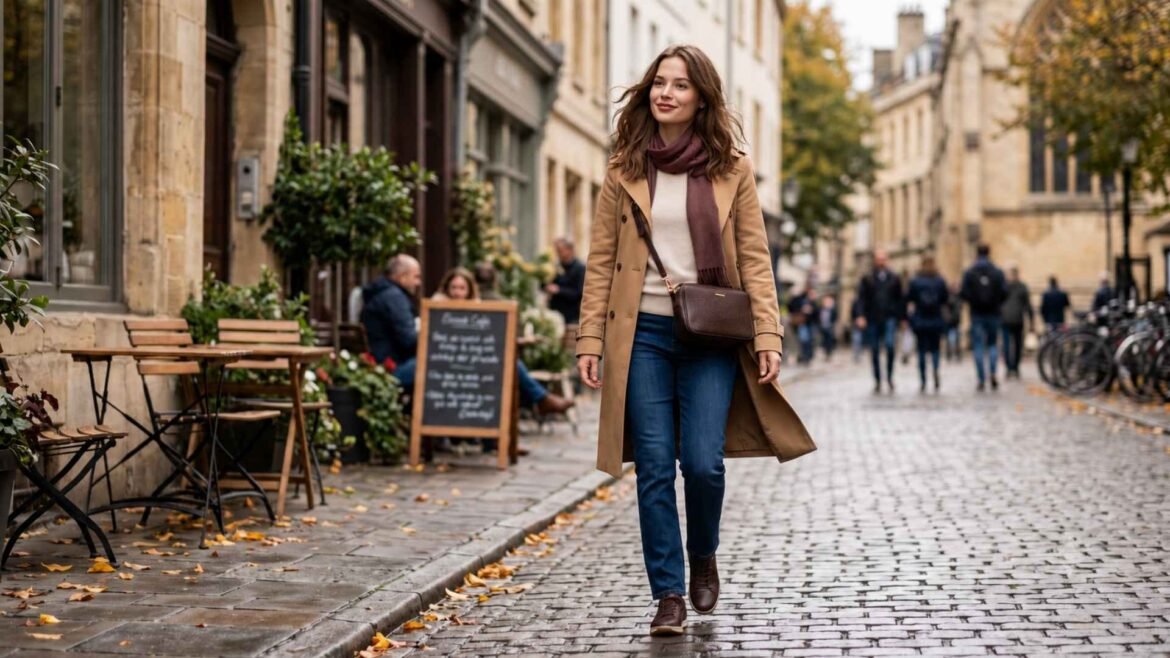Woman wearing a camel trench coat, jeans and scarf for a fall travel capsule wardrobe in Europe
