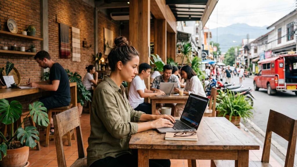 Chiang Mai digital nomad working in a Nimman café with remote workers and a red songthaew nearby