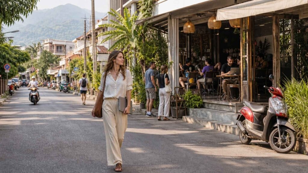 Digital nomad walking through a leafy Chiang Mai neighborhood with cafés, scooters and mountains in the background