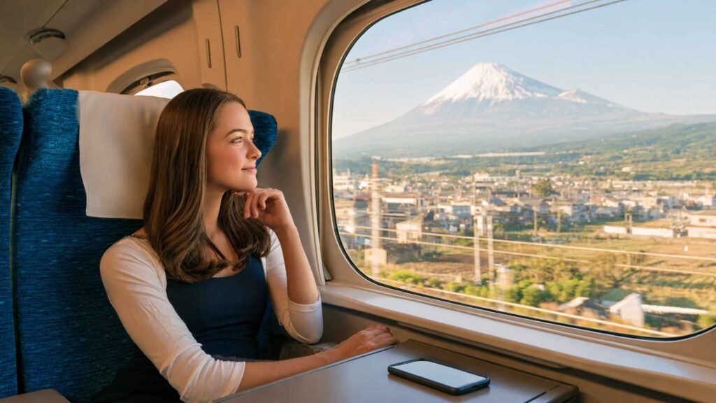 Female traveler enjoying a Mount Fuji view from a window seat inside a Japanese Shinkansen
