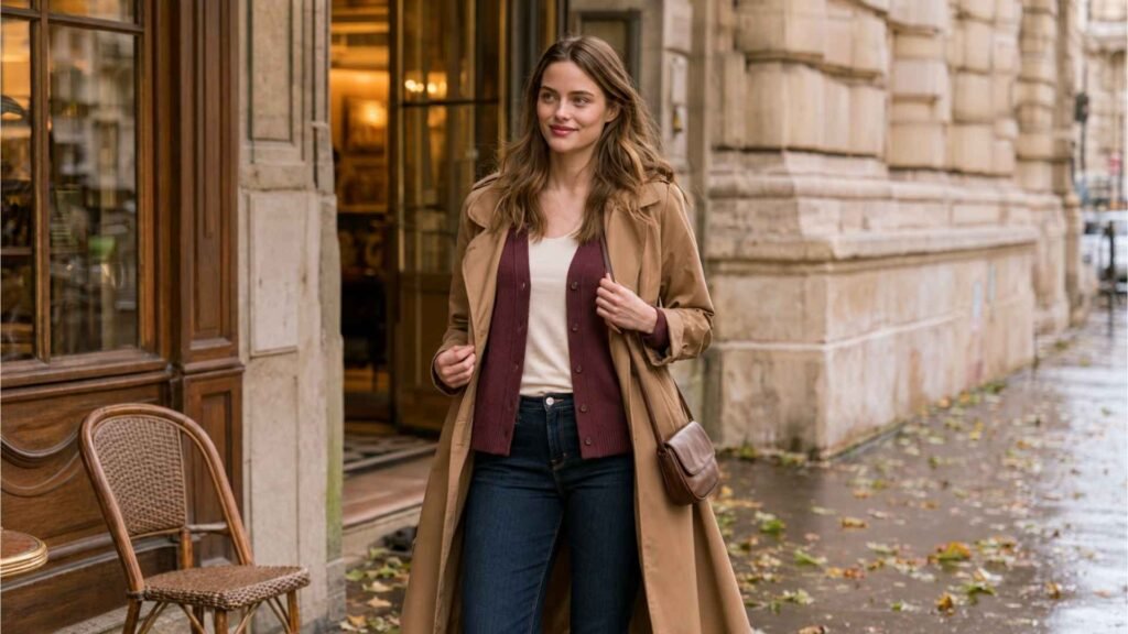 Woman wearing a cream base top, burgundy cardigan and camel trench coat for layered fall travel in Europe