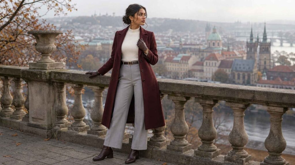 Woman in a burgundy wool coat, ivory sweater and grey trousers at a historic European city viewpoint