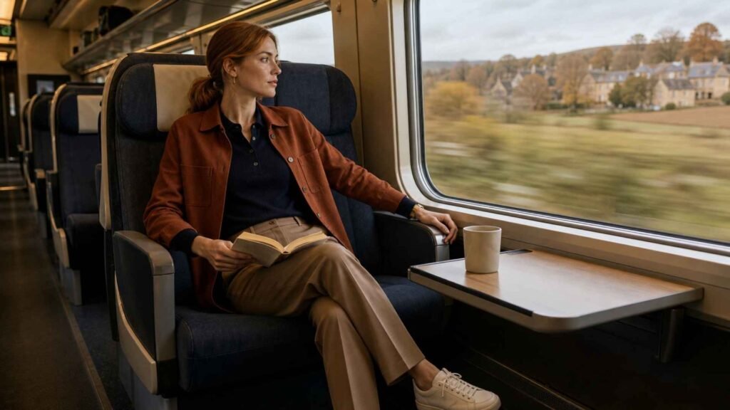 Woman wearing a navy knit polo, rust overshirt and tailored trousers beside a European train window