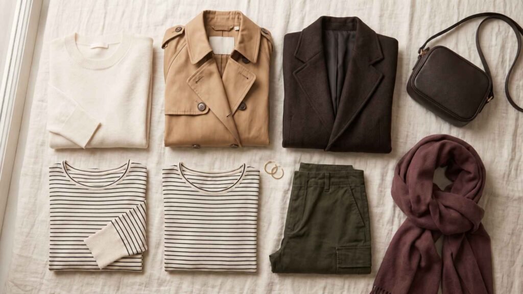 Cream, camel, chocolate brown, dark olive and burgundy clothing arranged as a coordinated fall travel color palette