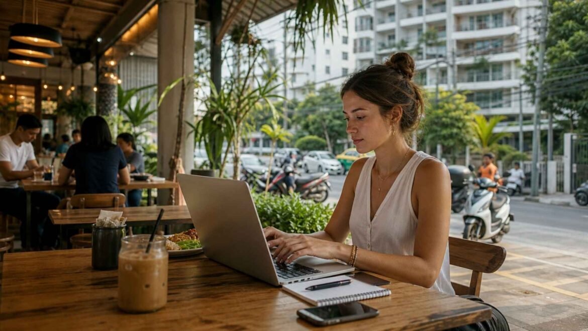Cost of living in Thailand for digital nomads represented by a remote worker using a laptop at an open-air café in Thailand