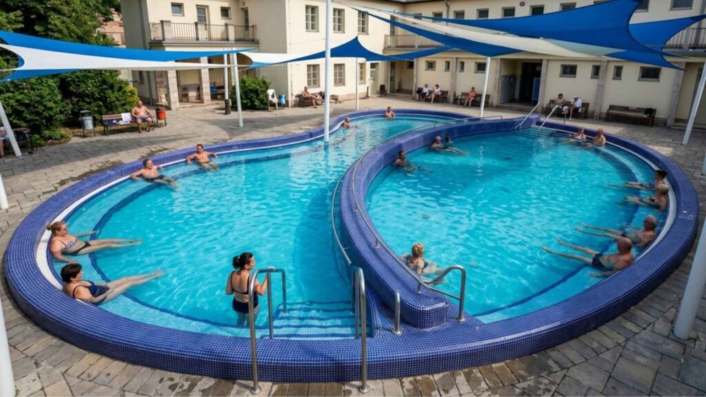 Dandár Thermal Bath experience with two outdoor thermal pools and blue shade canopies in Budapest