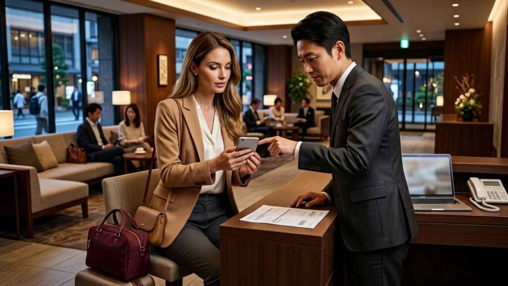 Luggage Forwarding in Japan with hotel staff checking a delayed bag