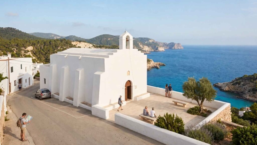 Es Cubells in Ibiza with its whitewashed church, peaceful village terrace and sweeping views across the Mediterranean coast