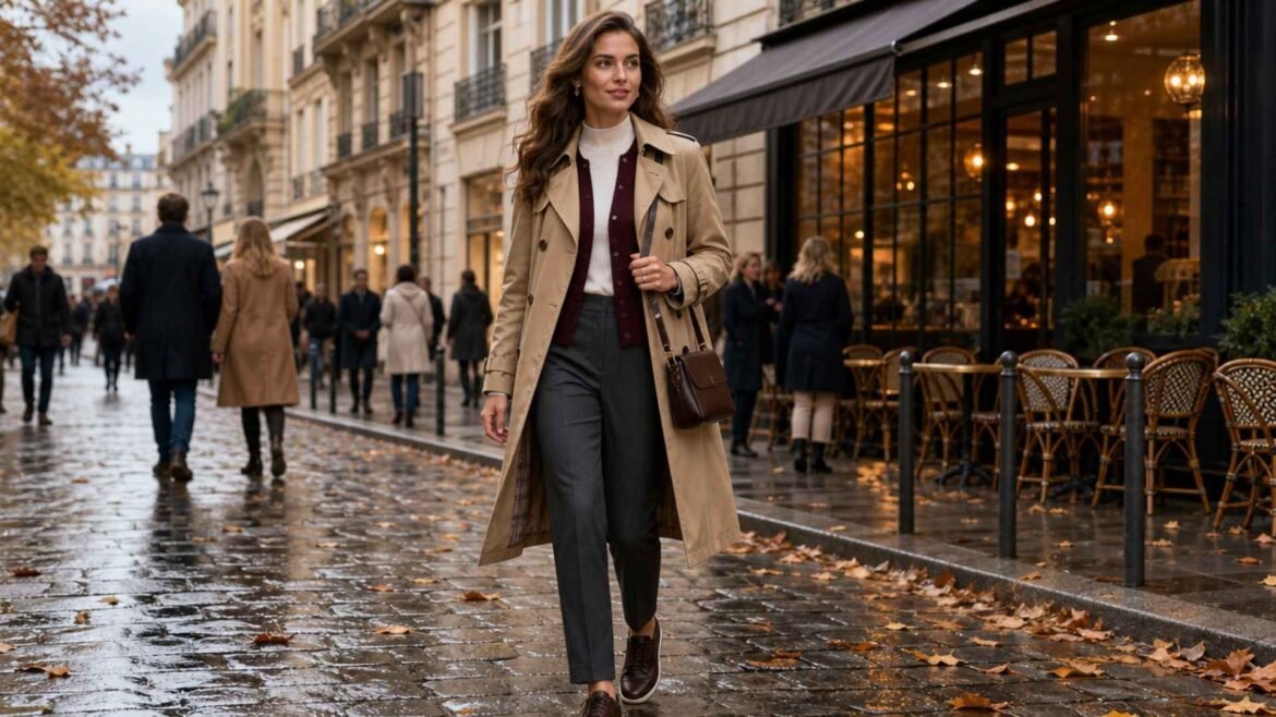 Europe Fall Travel Outfits featuring a woman in a camel trench coat, burgundy cardigan and charcoal trousers on a wet European street
