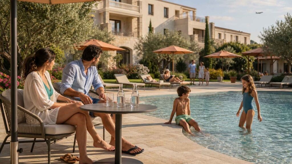 Family relaxing beside a seasonal outdoor pool at a hotel near Rome Fiumicino Airport