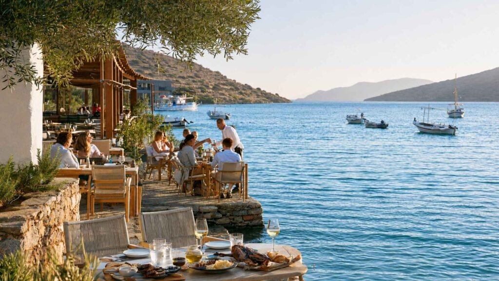 Ferryman Restaurant in Elounda with modern Cretan food served beside the blue waters of Elounda Bay.