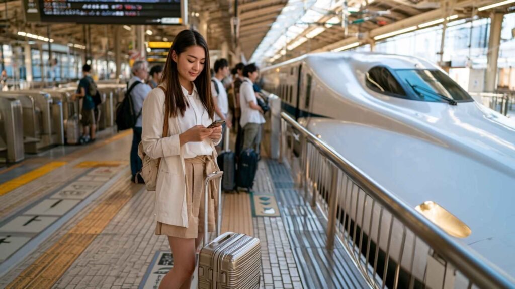 Female traveler checking her phone beside platform signs and a Shinkansen train at a busy Japanese railway station