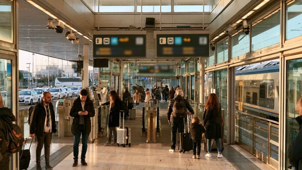 Rome Fiumicino Airport Guide showing travellers choosing trains and official taxis for journeys into Rome