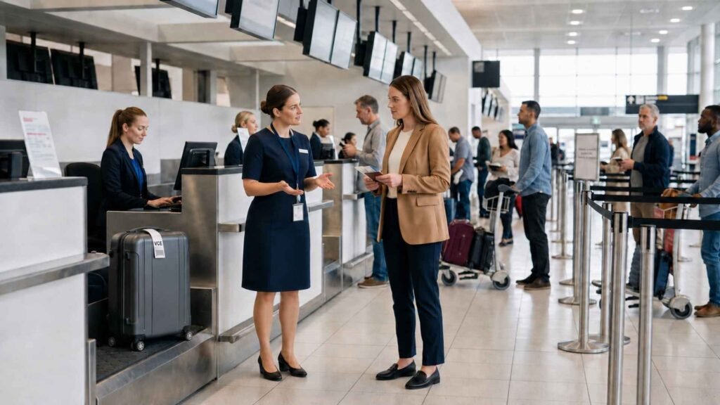 Rome Fiumicino Airport transit passenger confirming with a check-in agent that her checked baggage is tagged through to VCE