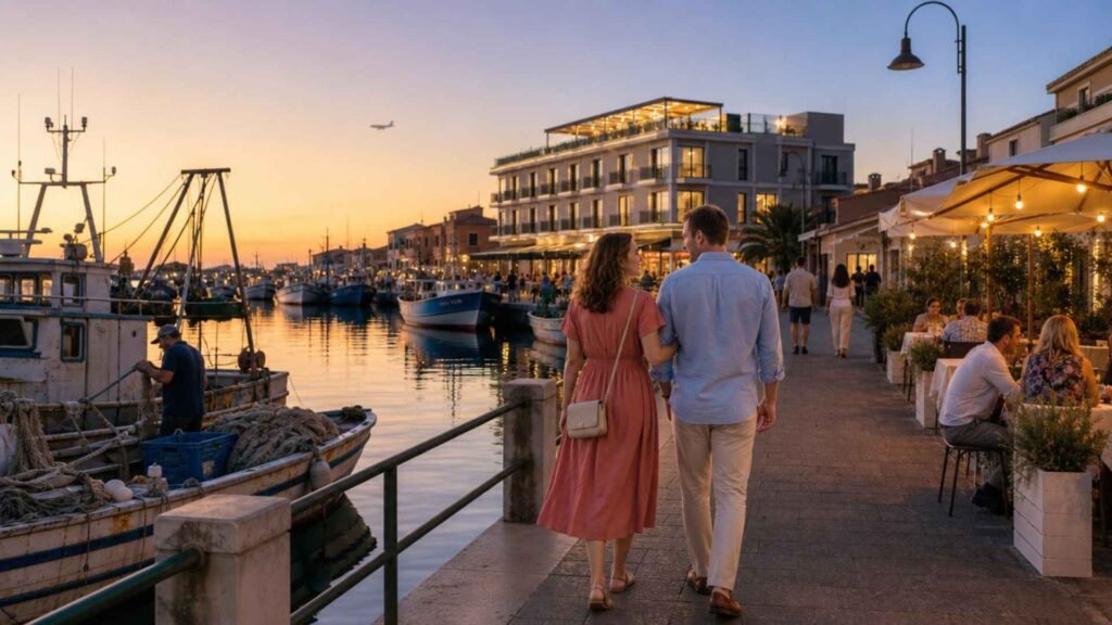 Couple walking beside Fiumicino fishing harbour at sunset near a waterfront airport hotel