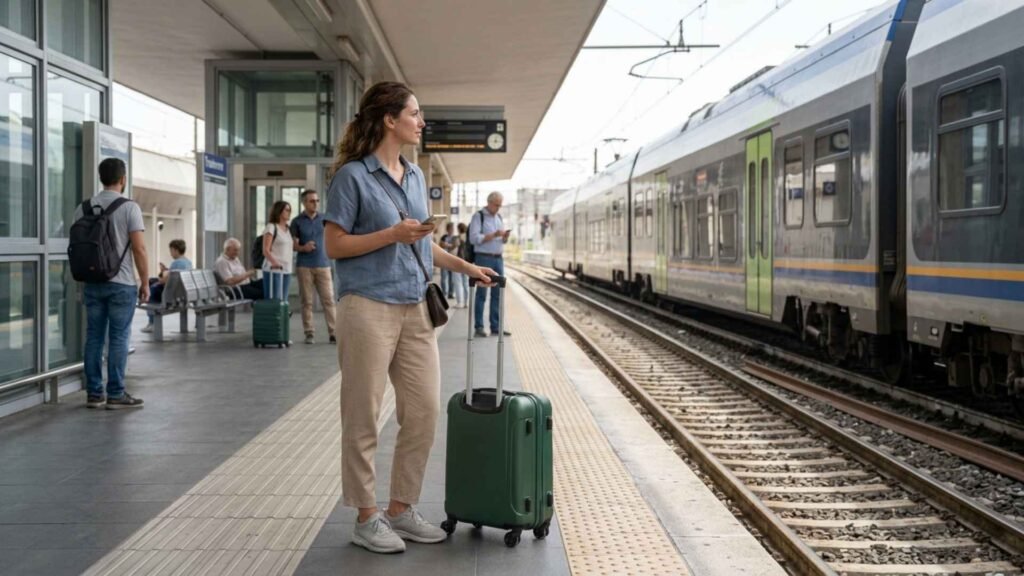 Traveller waiting for an FL1 regional train at Rome Fiumicino Airport with luggage