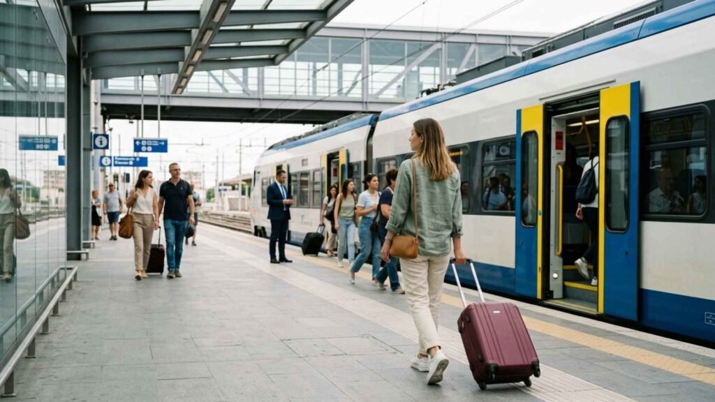 Traveller boarding an airport train at Rome Fiumicino Airport with luggage