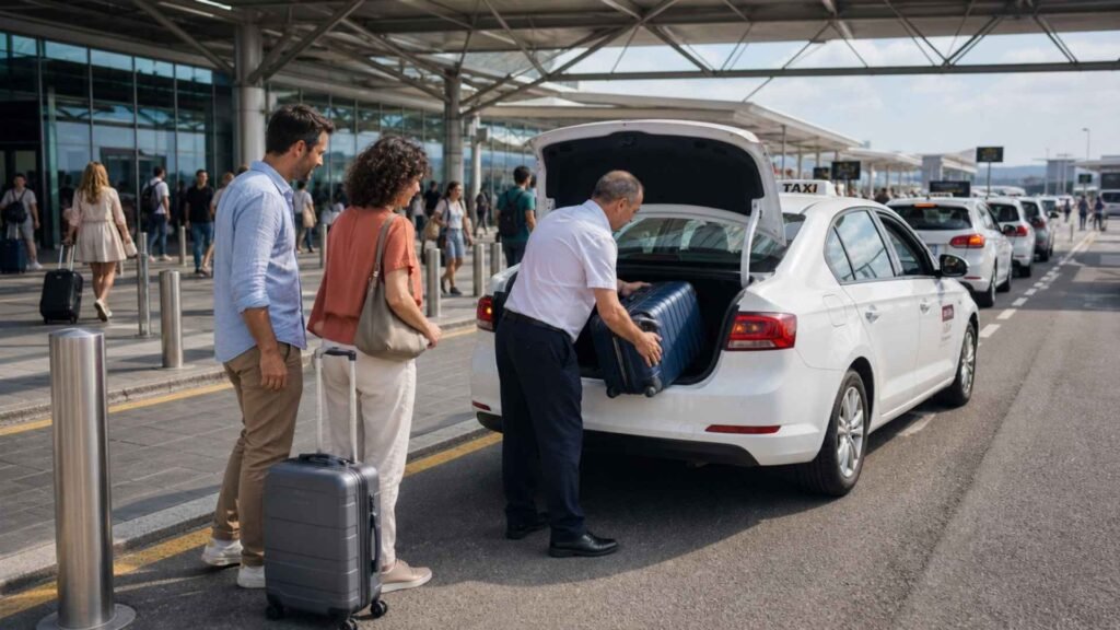 Official taxi at Rome Fiumicino Airport with travellers and luggage