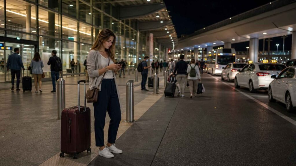 Traveller checking transport options from Rome Fiumicino Airport to Rome at night