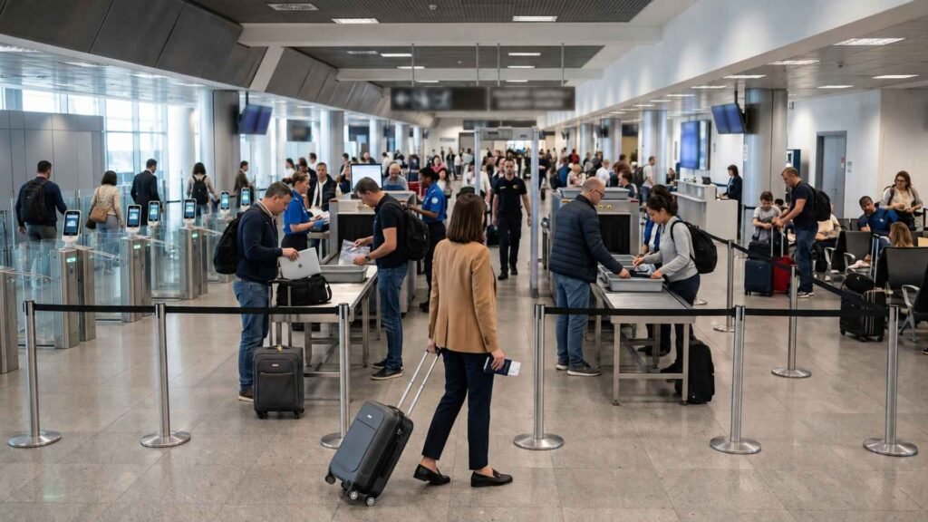 Rome Fiumicino Airport transit passenger approaching separate passport control eGates and transfer security screening lanes