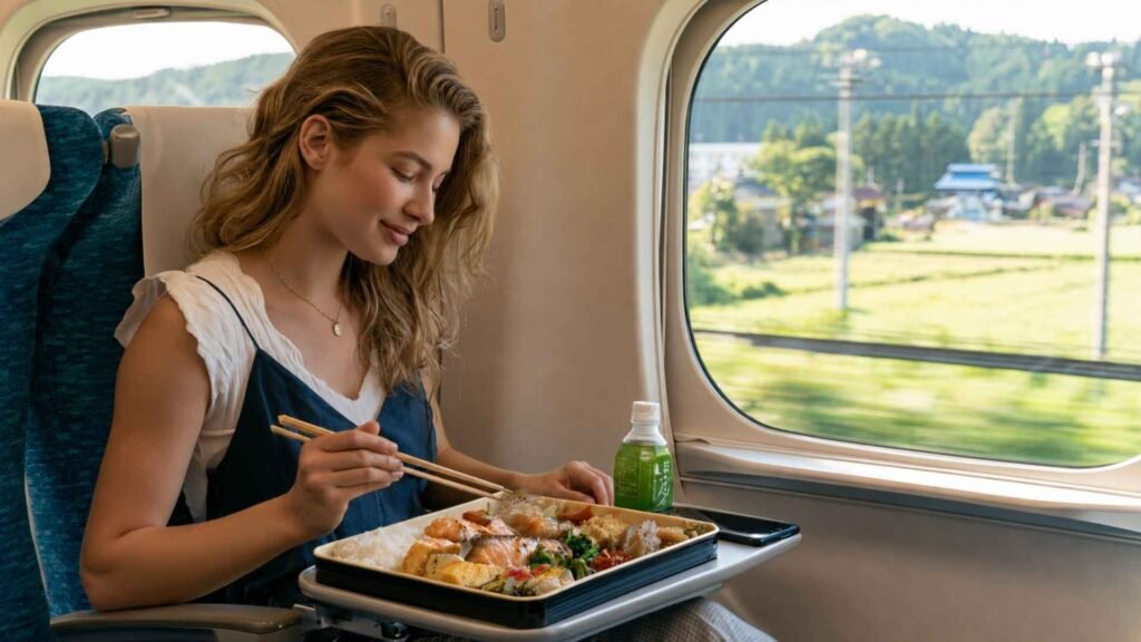 Female traveler enjoying a traditional ekiben and green tea at a window seat aboard a Japanese Shinkansen