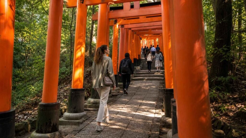 International traveler walking through the torii gates of Fushimi Inari in Kyoto