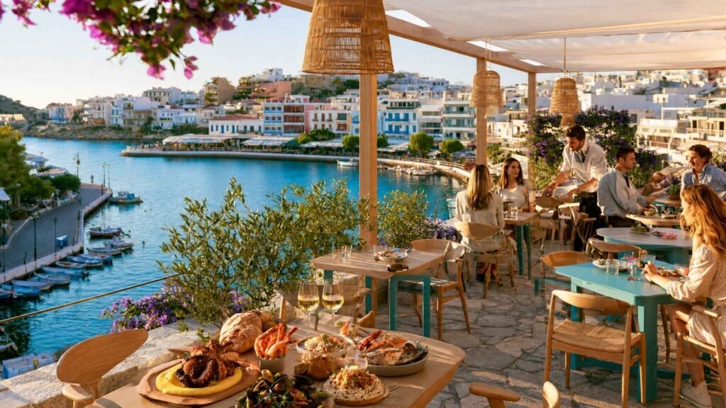 Gioma Meze terrace overlooking Lake Voulismeni with contemporary Cretan seafood and meze served above Agios Nikolaos.