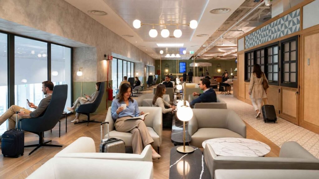 Travellers relaxing inside HelloSky Lounge at Rome Fiumicino Airport