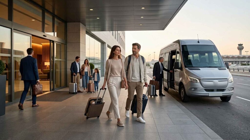 Travellers leaving an airport hotel near Madrid Barajas Airport with luggage and shuttle service