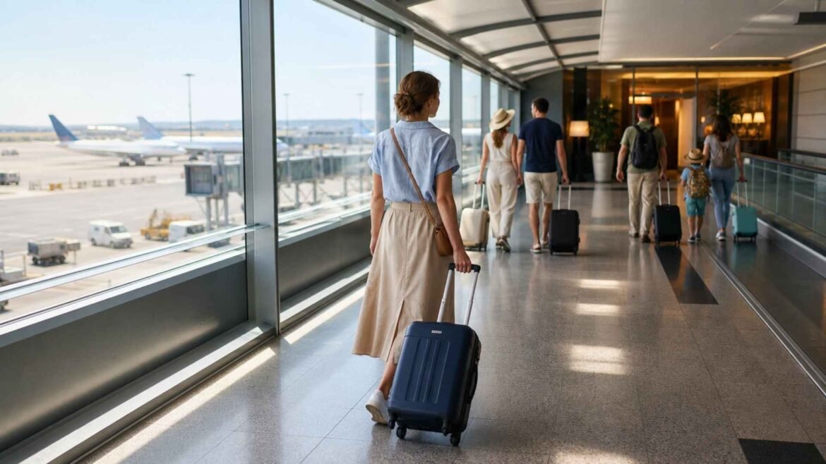 Hotels Near Rome Fiumicino Airport with a traveller walking through a covered terminal passage towards a connected hotel