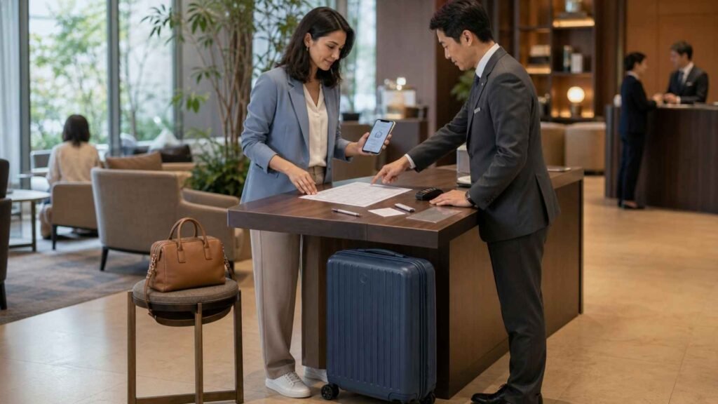 Luggage Forwarding in Japan with a hotel employee explaining the shipping form