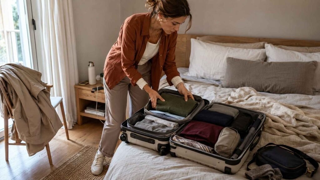 What to wear in Japan in fall: a female traveler packing coordinated layers into a compact carry-on suitcase.