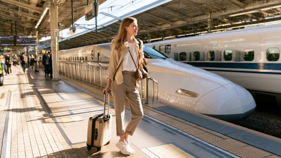 How to use the Shinkansen in Japan, with a female traveler preparing to board the bullet train with her suitcase