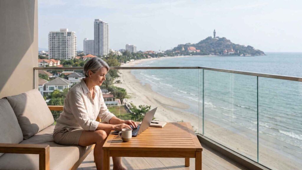 Hua Hin digital nomad working from a condominium balcony overlooking the coastline and Khao Takiab