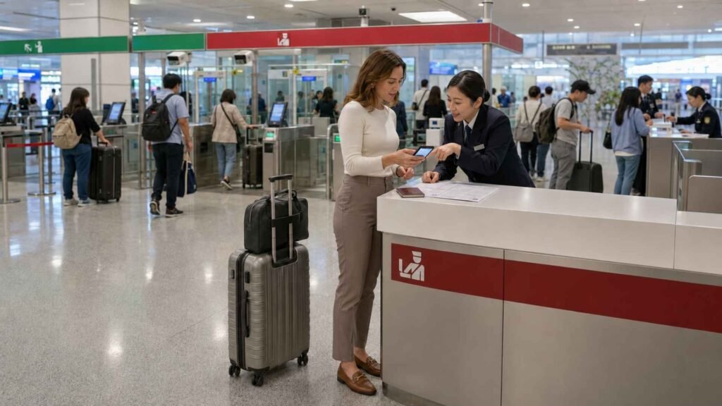 Japan Entry Requirements 2026 – traveler reviewing a customs declaration with a Japanese customs officer