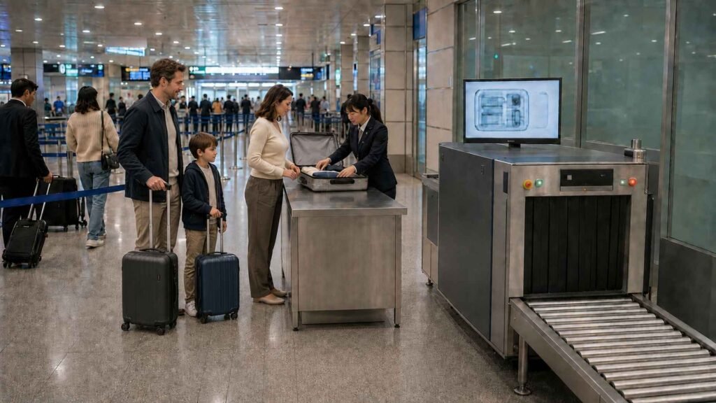 Japan Entry Requirements 2026 – airport officer inspecting a family’s open suitcase beside an X-ray baggage scanner